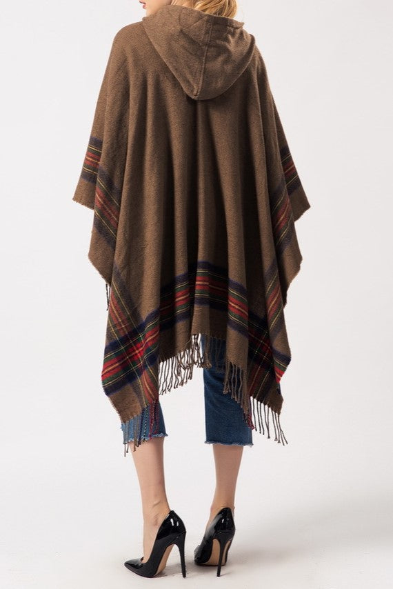 Hooded Fringed Plaid Border Ruana Poncho - khaki - 8