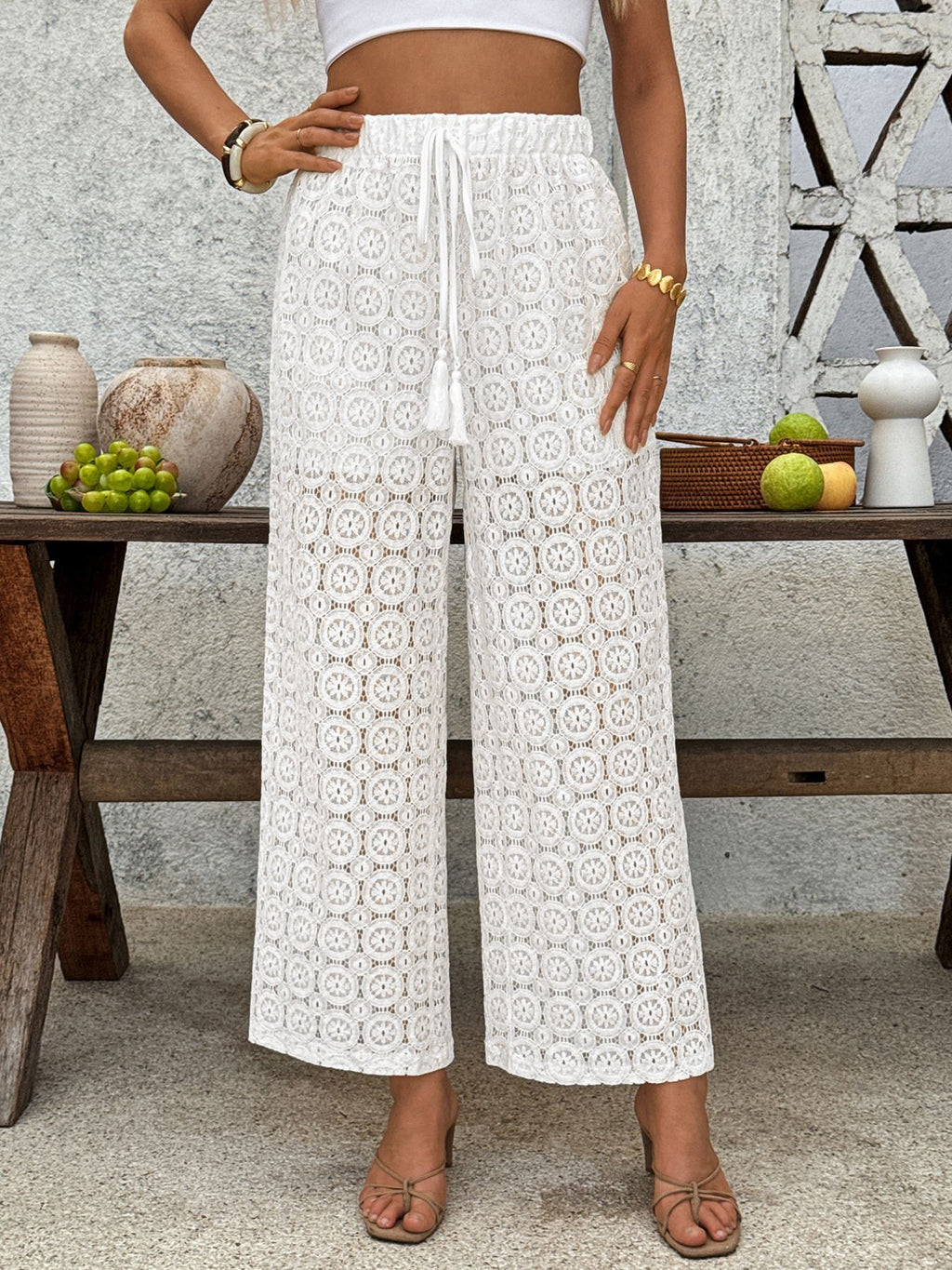 Crochet Lace Wide Leg Drawstring Trousers - White - 2