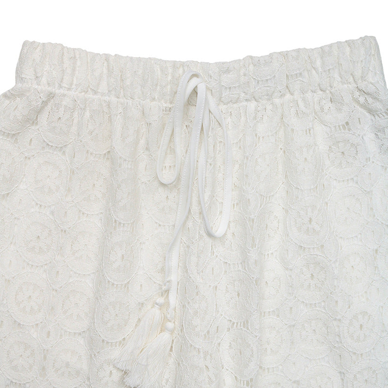 Crochet Lace Wide Leg Drawstring Trousers - White - 3