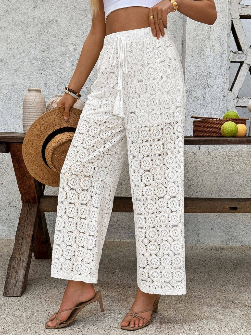 Crochet Lace Wide Leg Drawstring Trousers