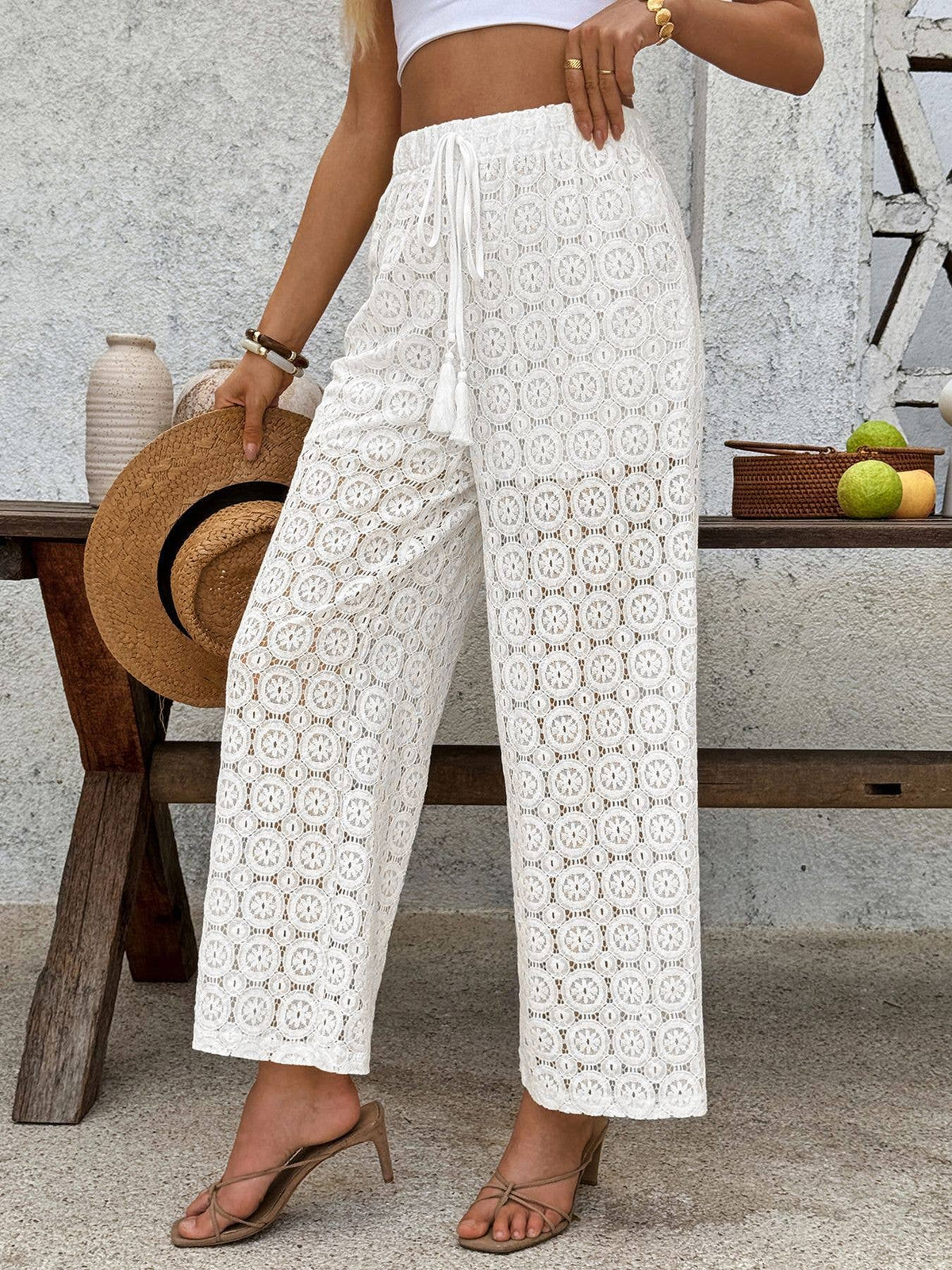 Crochet Lace Wide Leg Drawstring Trousers
