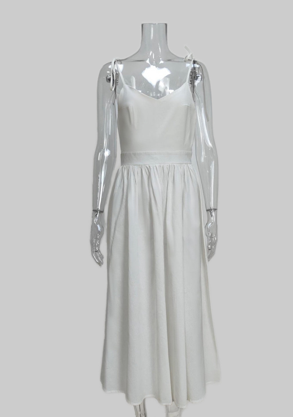 Tie Shoulder Cotton Dress Full Skirt - white