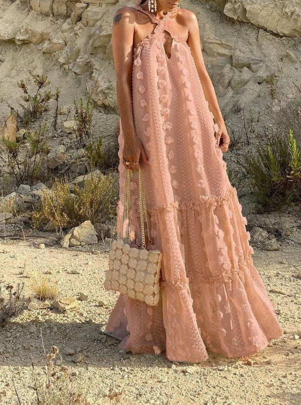 Textured Applique Halter Neck Maxi Dress - Pink