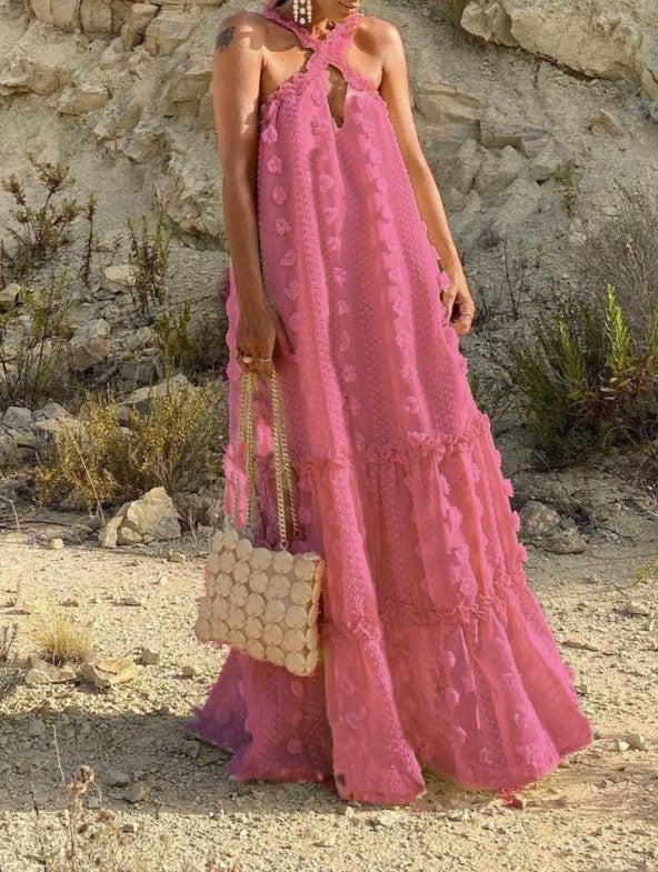 Textured Applique Halter Neck Maxi Dress - Rosered