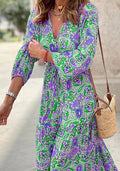 Boho Floral Print Tiered Maxi Dress - Green