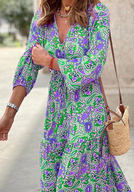 Boho Floral Print Tiered Maxi Dress - Green