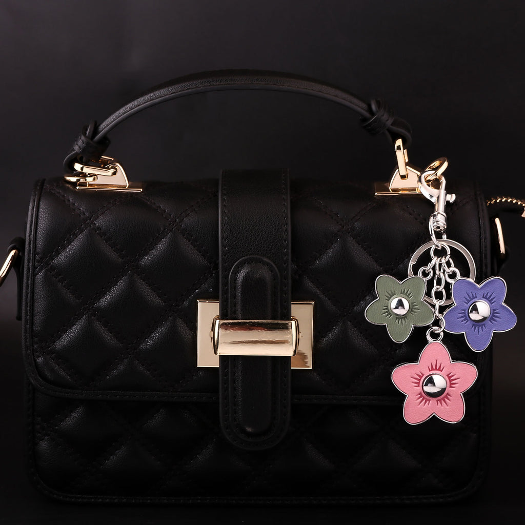 Leather Flower Trio Charm Keychain - Silvery - 1