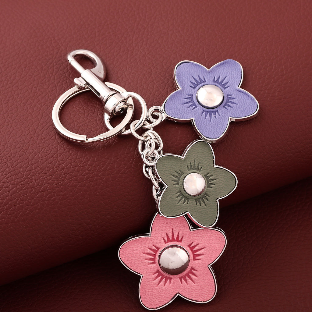Leather Flower Trio Charm Keychain - Silvery - 2