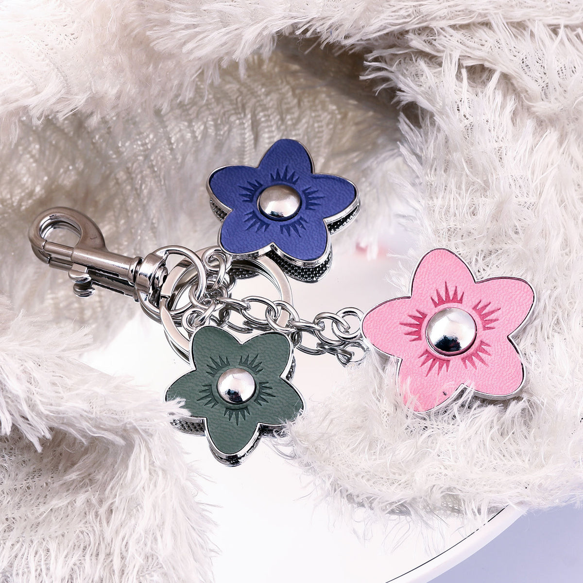 Leather Flower Trio Charm Keychain - Silvery - 3