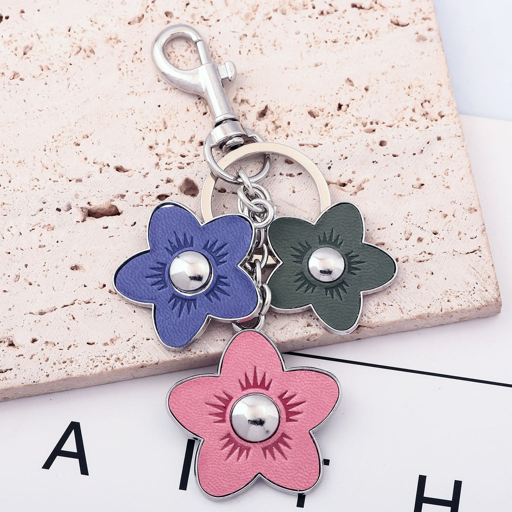 Leather Flower Trio Charm Keychain - Silvery - 4