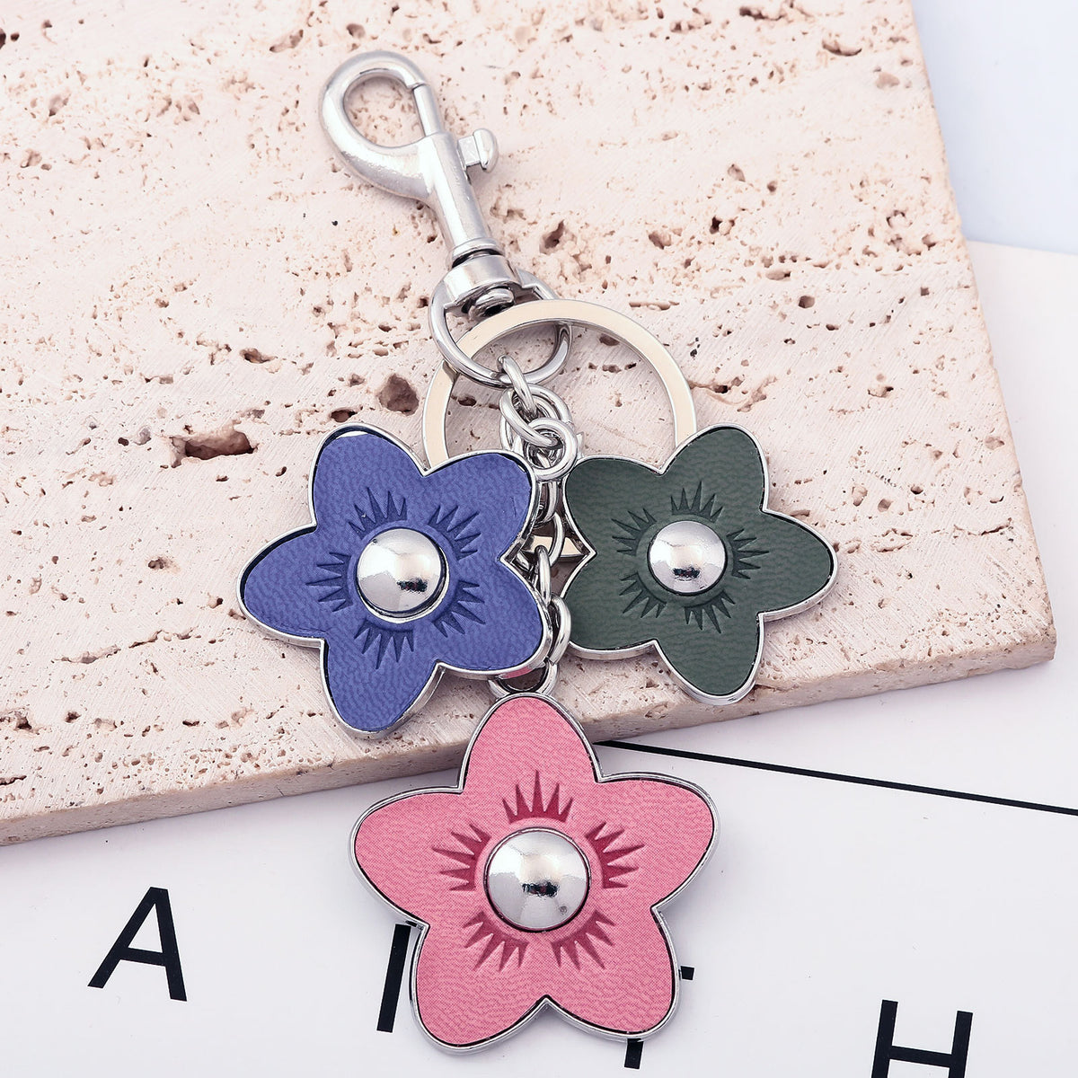 Leather Flower Trio Charm Keychain - Silvery - 4