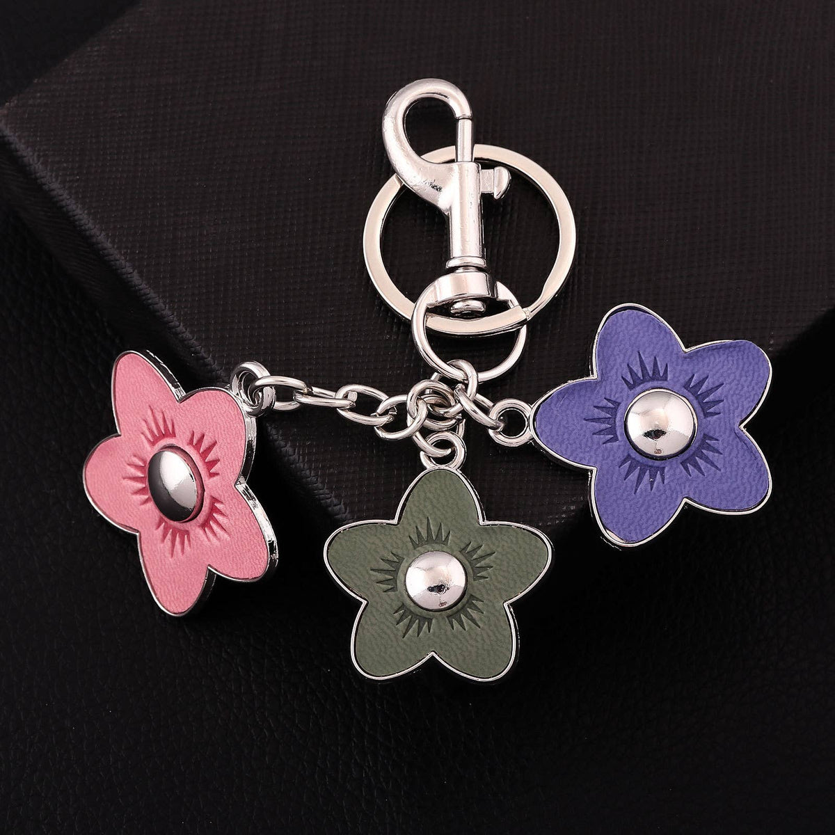 Leather Flower Trio Charm Keychain