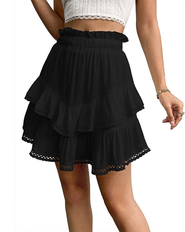Tiered Ruffle Mini Skirt With Lace Trim - Black