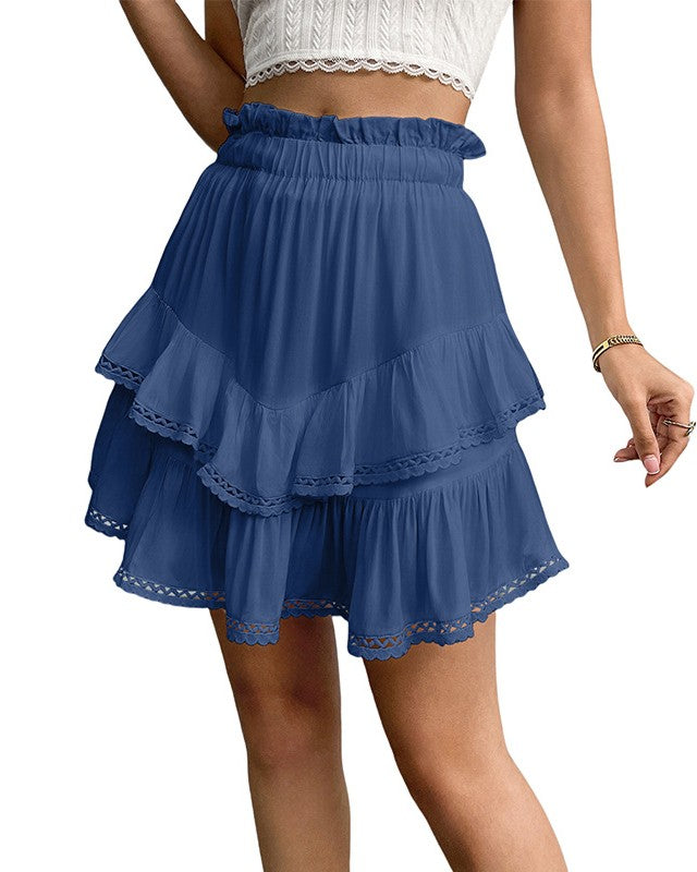 Tiered Ruffle Mini Skirt With Lace Trim - Blue