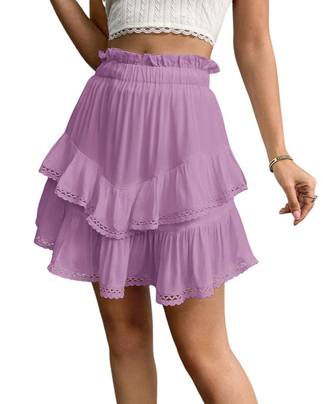 Tiered Ruffle Mini Skirt With Lace Trim - Purple
