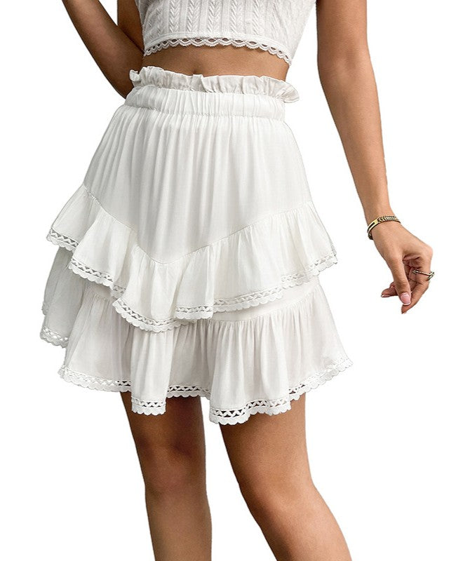 Tiered Ruffle Mini Skirt With Lace Trim - White