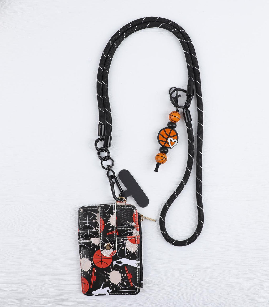 Printed Card Holder With Beaded Neck Strap - Black