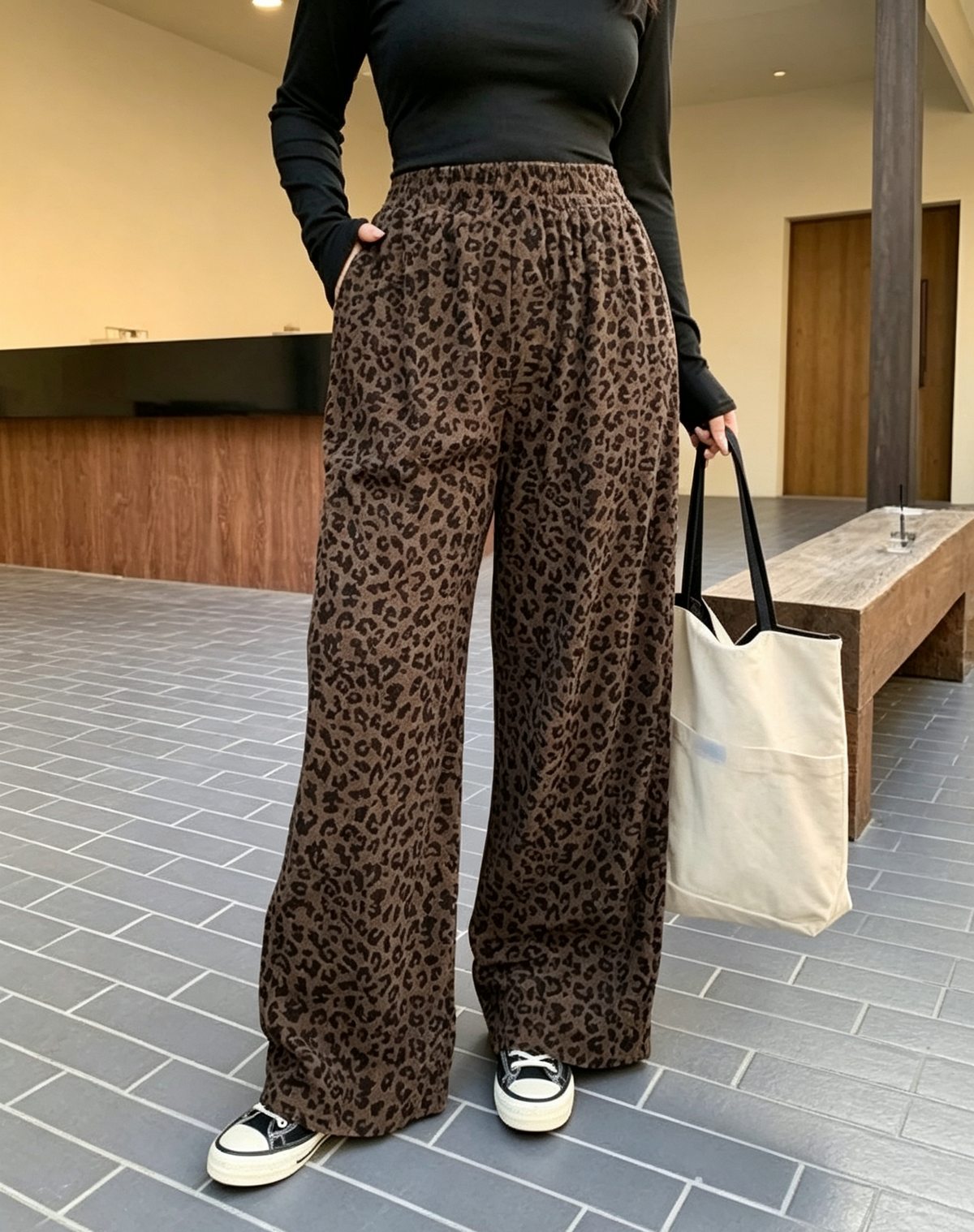 Soft Corduroy Leopard Wide Leg Pants - Brown