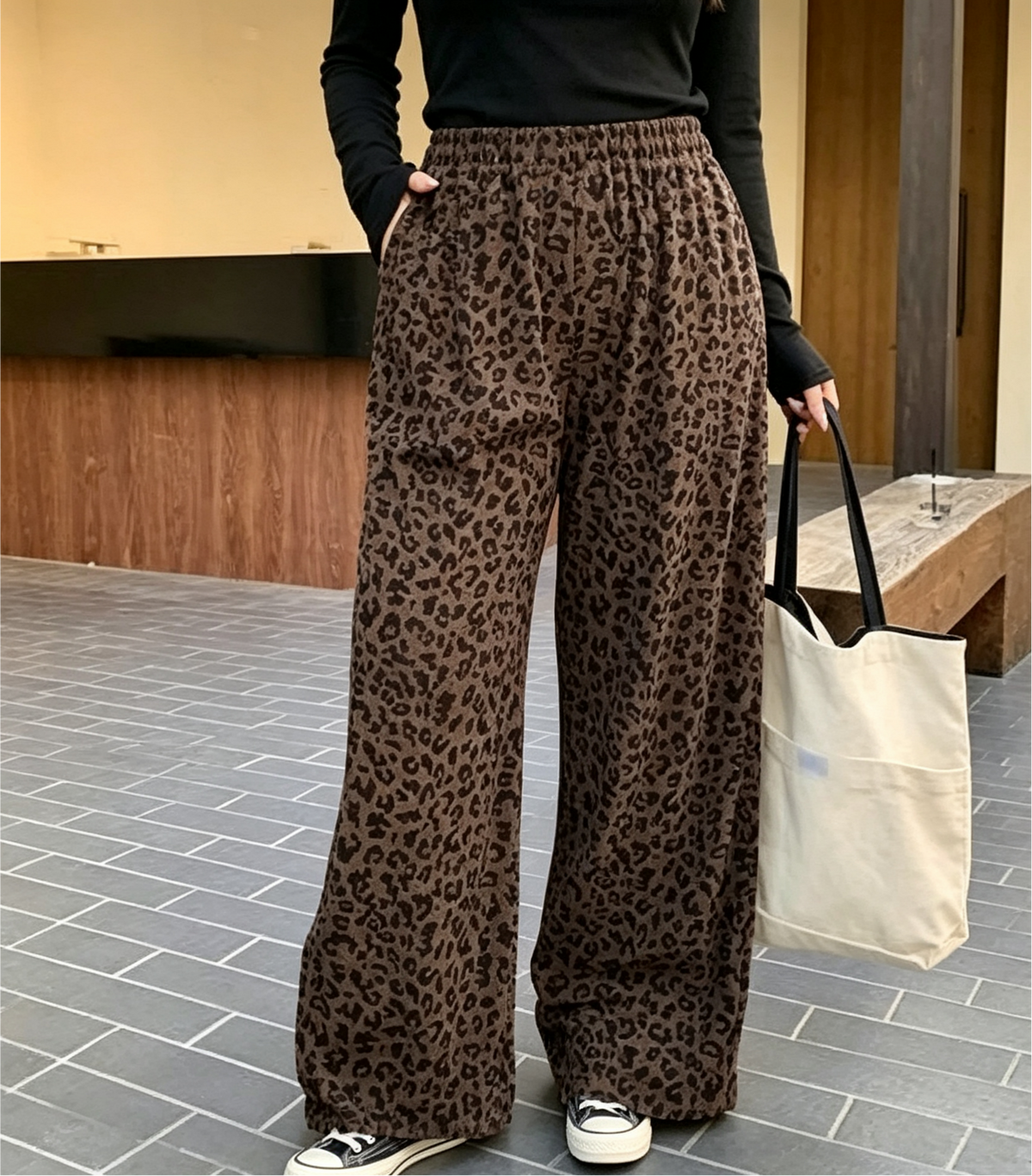Soft Corduroy Leopard Wide Leg Pants - Brown - 1