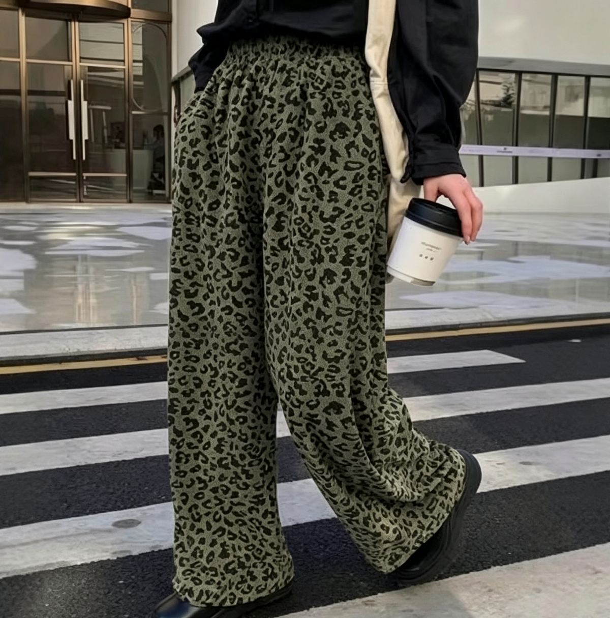 Soft Corduroy Leopard Wide Leg Pants - Green
