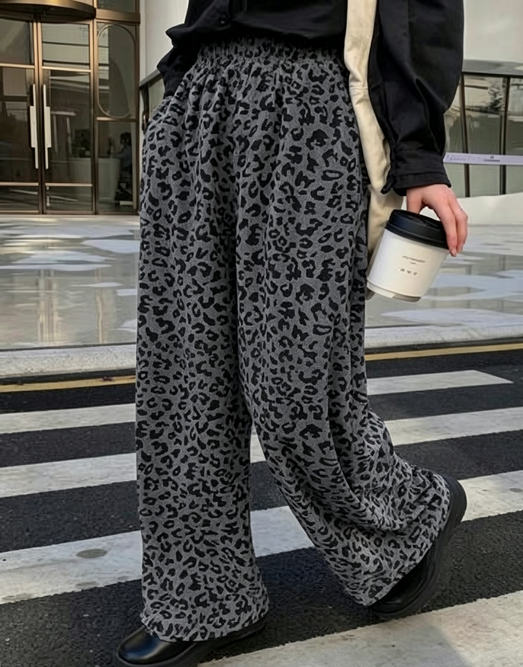 Soft Corduroy Leopard Wide Leg Pants - Grey