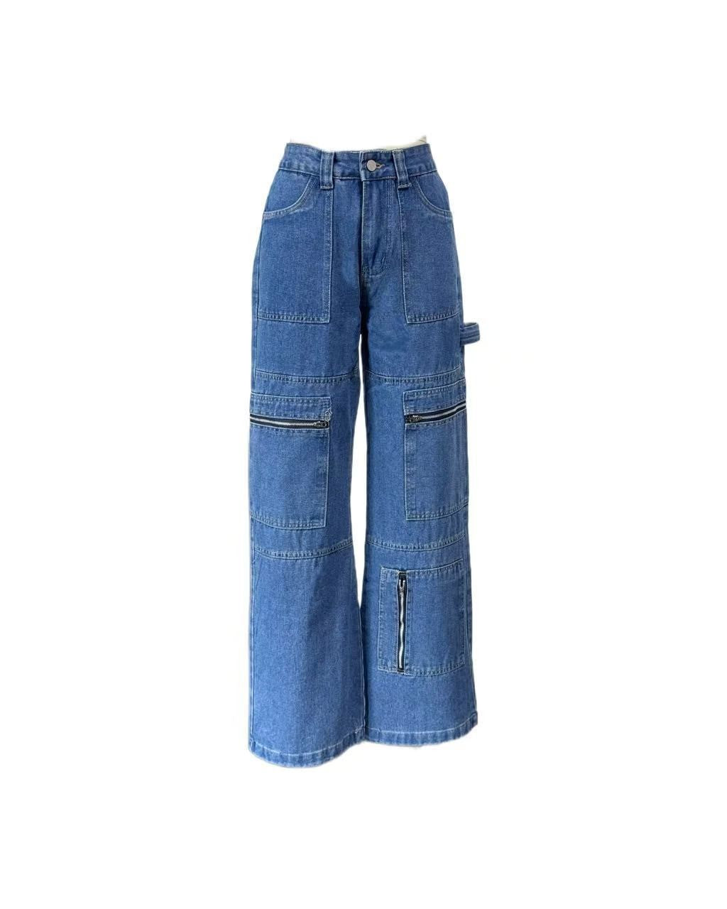 High Rise Carpenter Cargo Wide Leg Jeans - Dark-Blue - 1