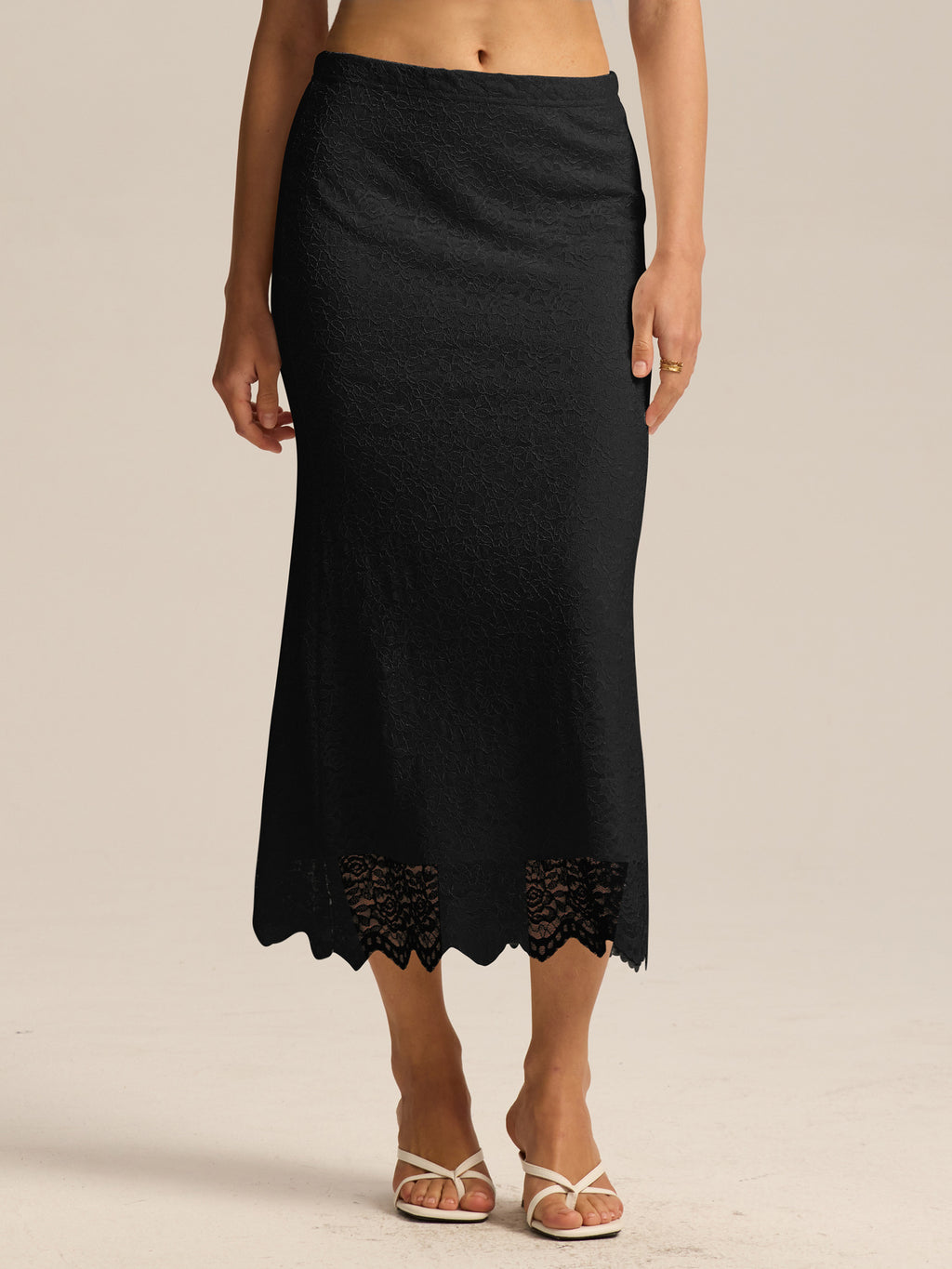 Floral Lace Scalloped Hem Slip Skirt - Black - 1