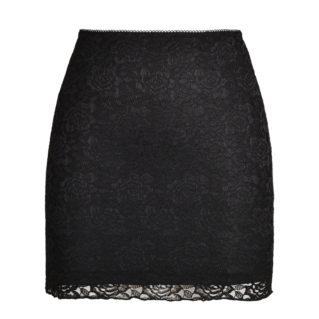 Floral Lace Scalloped Hem Slip Skirt - Black_S