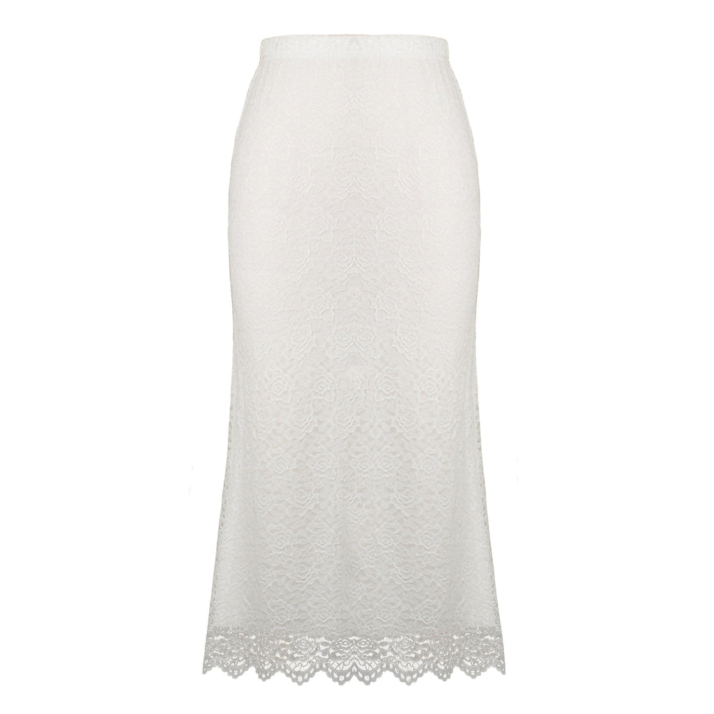 Floral Lace Scalloped Hem Slip Skirt - White