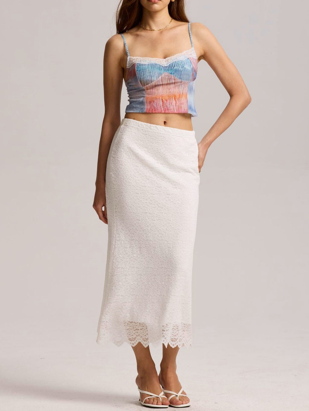 Floral Lace Scalloped Hem Slip Skirt - White - 1