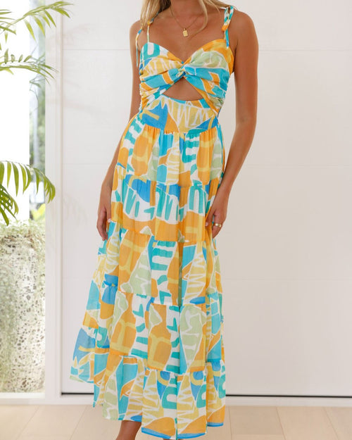 Abstract Print Tie Strap Midi Dress - Yellow