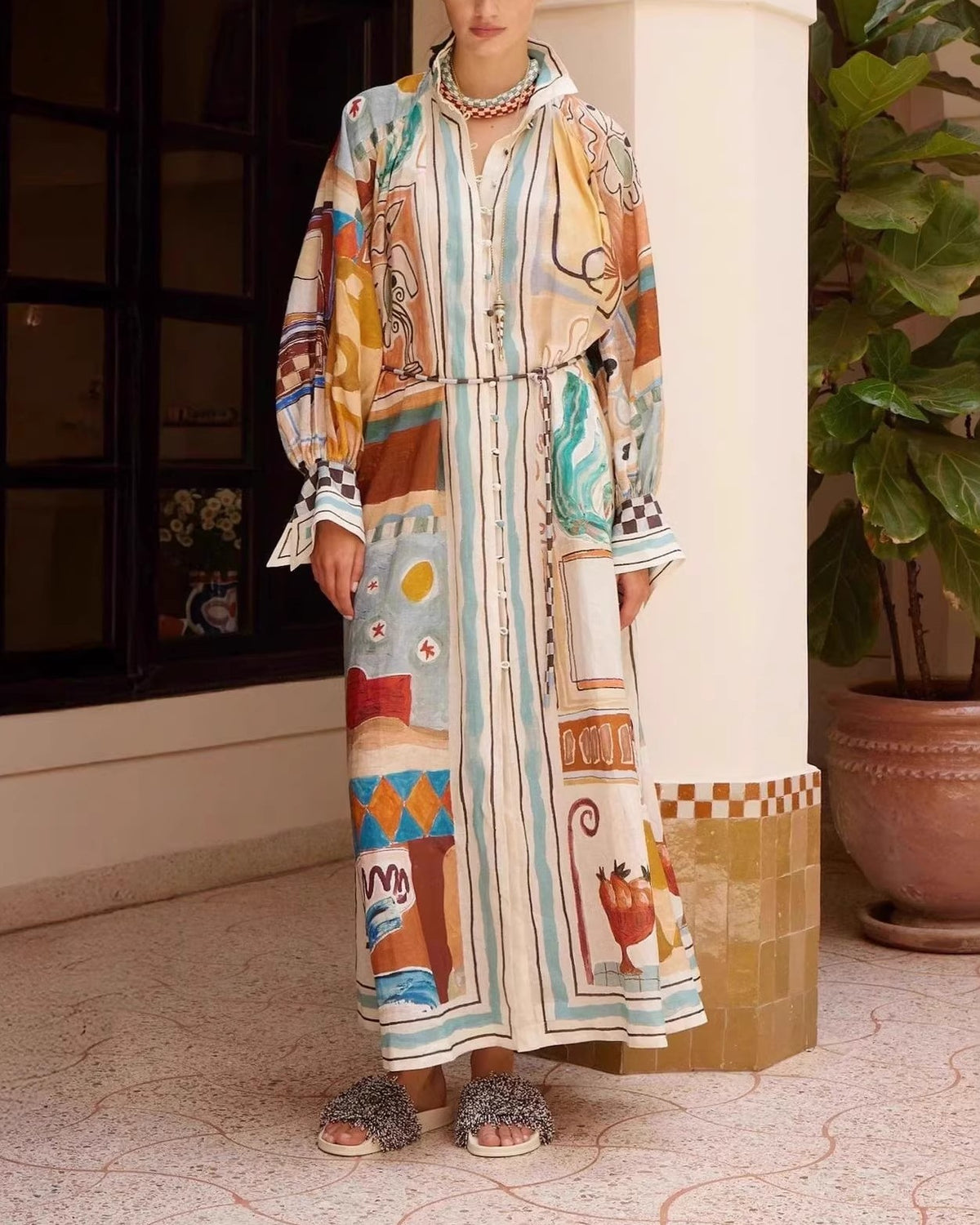 Artsy Print Button Front Maxi Shirt Dress - Decor