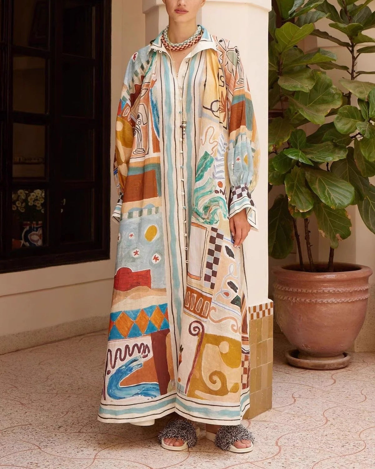 Artsy Print Button Front Maxi Shirt Dress - Decor - 1