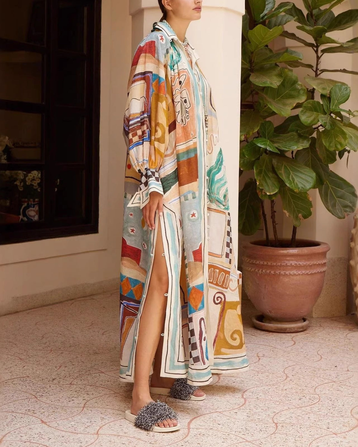 Artsy Print Button Front Maxi Shirt Dress - Decor - 2