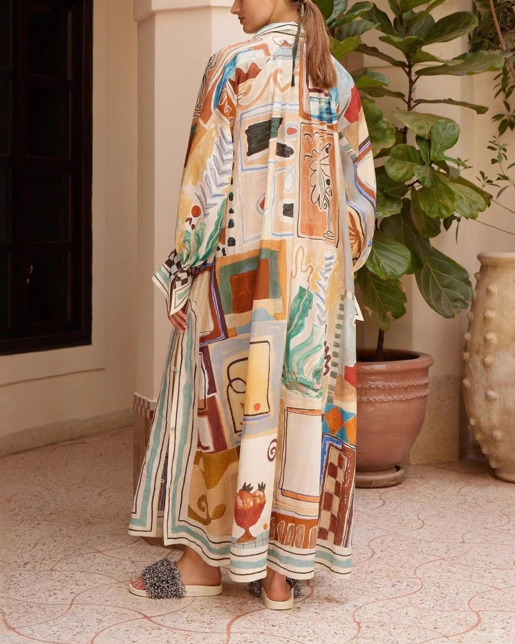 Artsy Print Button Front Maxi Shirt Dress - Decor - 3
