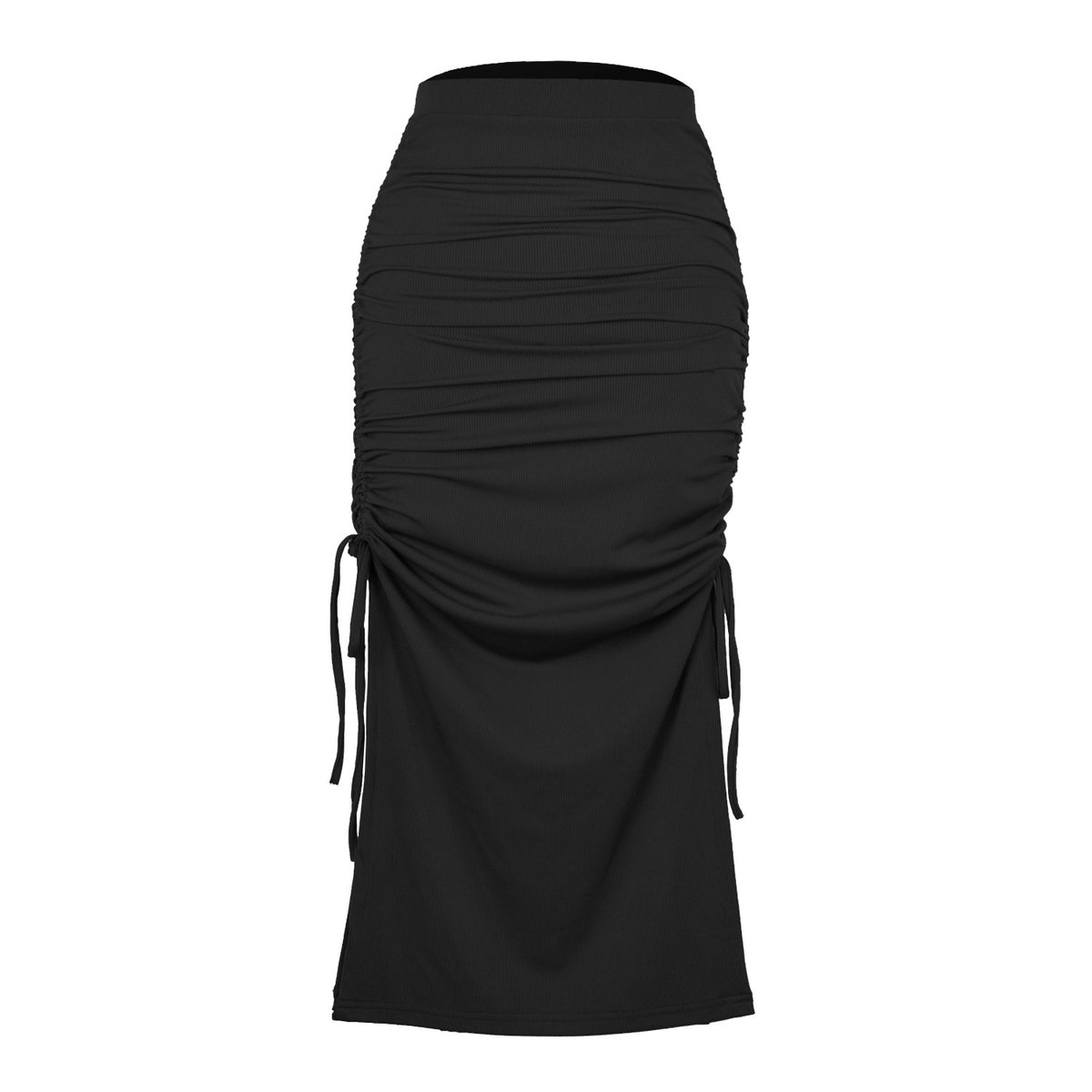 Ruched Drawstring Side Slit Maxi Skirt - Black - 1