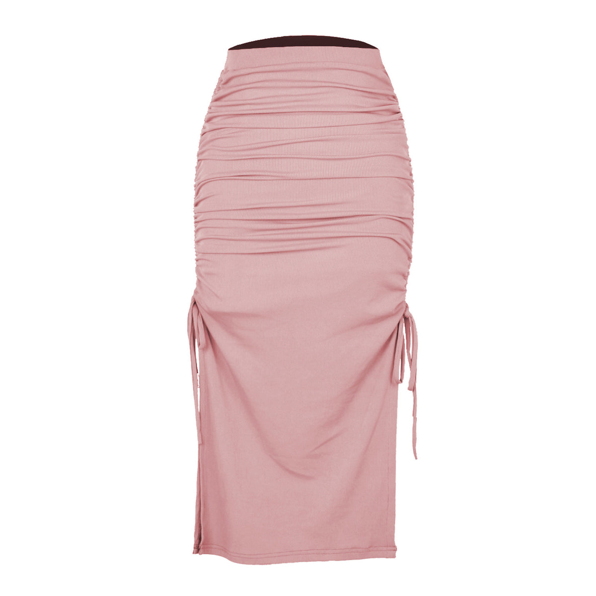 Ruched Drawstring Side Slit Maxi Skirt - Pink