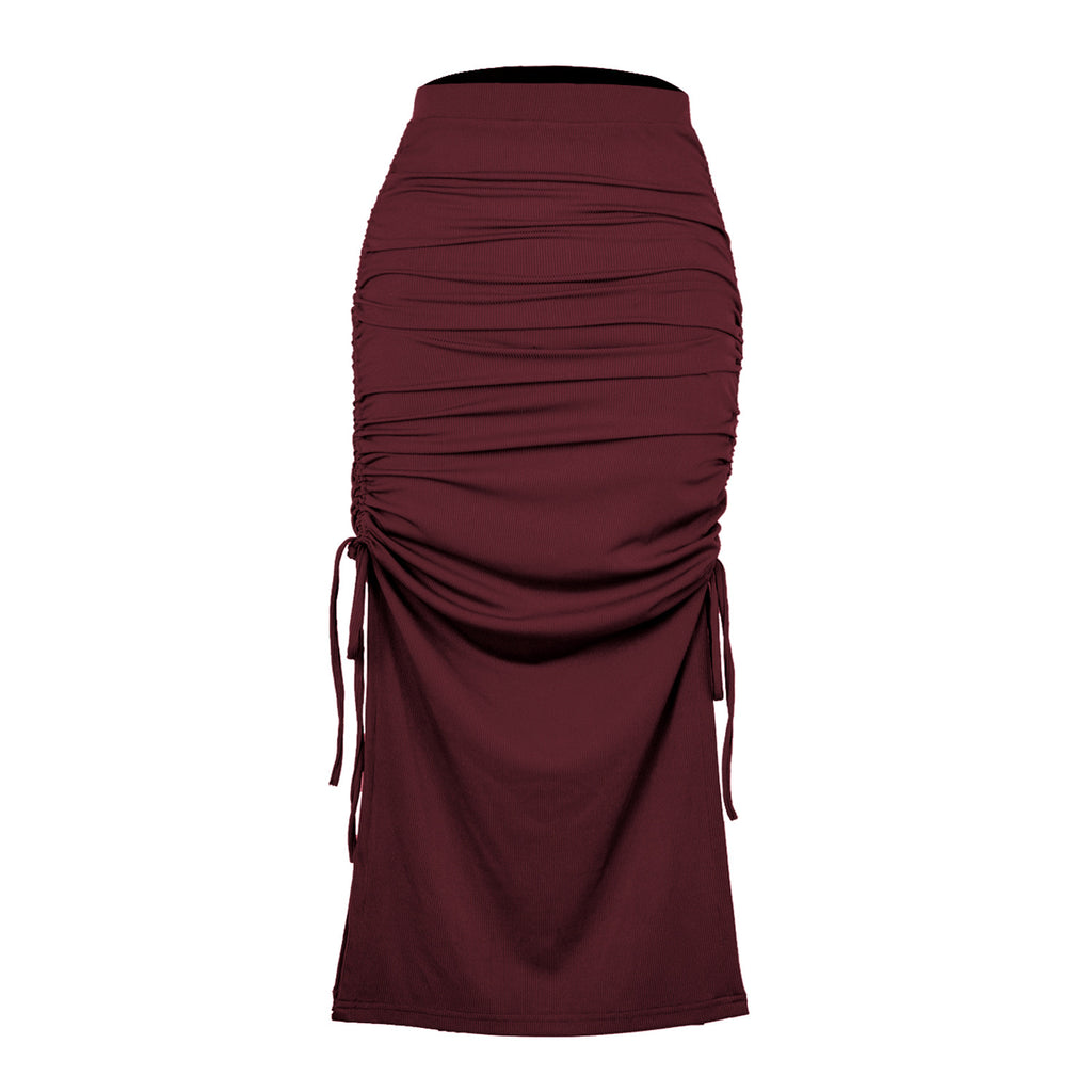 Ruched Drawstring Side Slit Maxi Skirt - WineRed