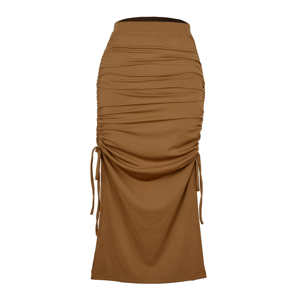 Ruched Drawstring Side Slit Maxi Skirt -  Khaki