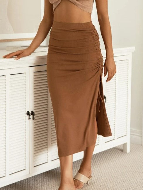 Ruched Drawstring Side Slit Maxi Skirt -  Khaki - 1
