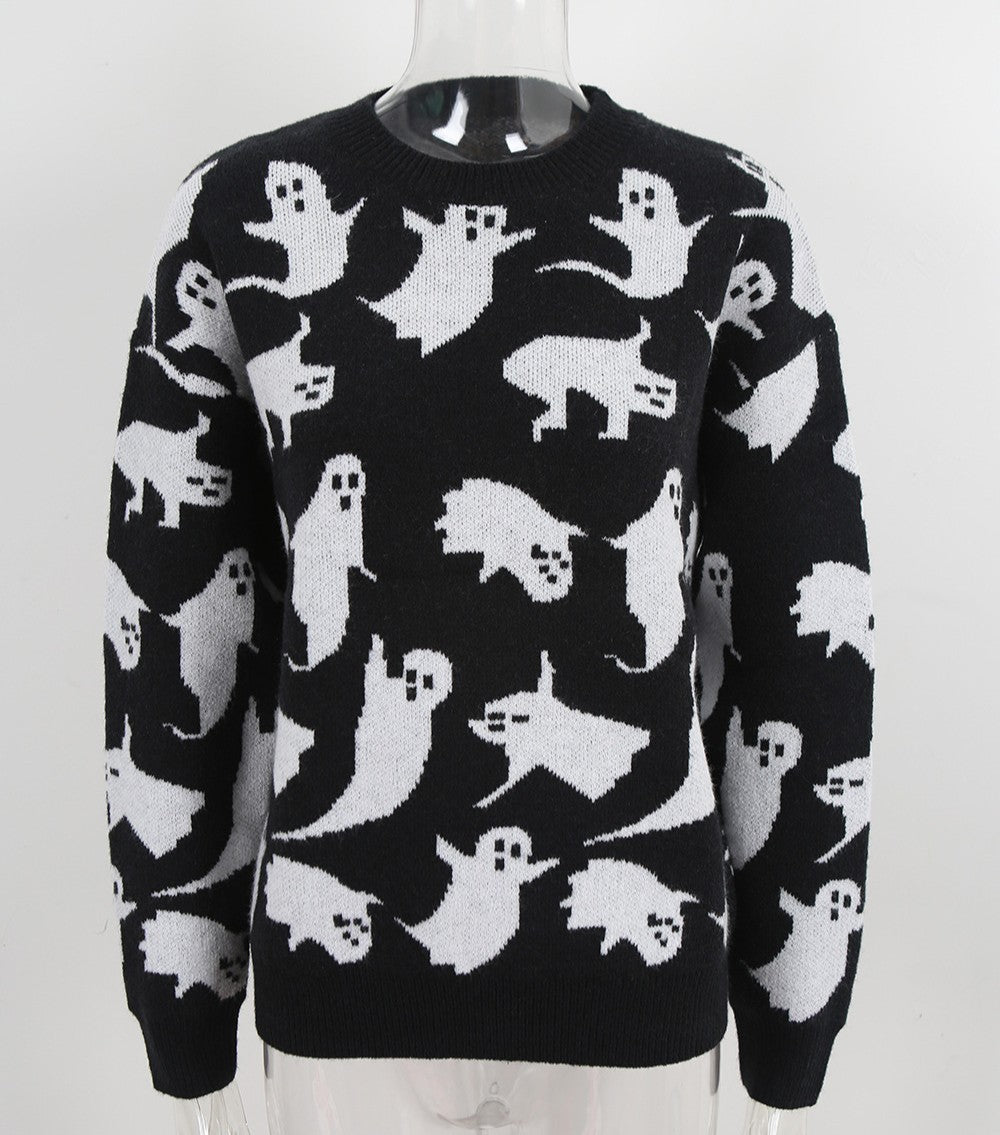 Ghost Jacquard Halloween Crewneck Sweater - Black - 1