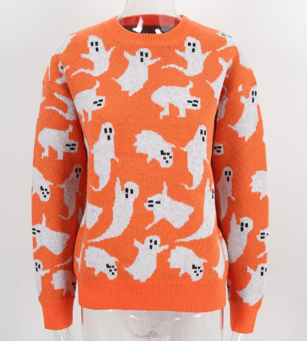 Ghost Jacquard Halloween Crewneck Sweater - Orange - 1