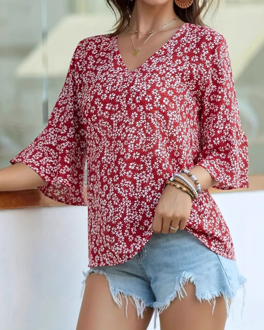 Ditsy Floral V Neck Bell Sleeve Shirt - Red