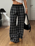 Plaid Wide Leg Drawstring Lounge Pants - Black