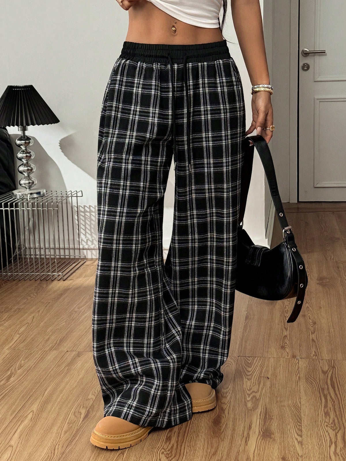 Plaid Wide Leg Drawstring Lounge Pants - Black