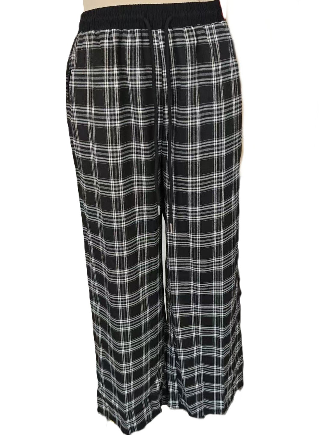 Plaid Wide Leg Drawstring Lounge Pants - Black - 1