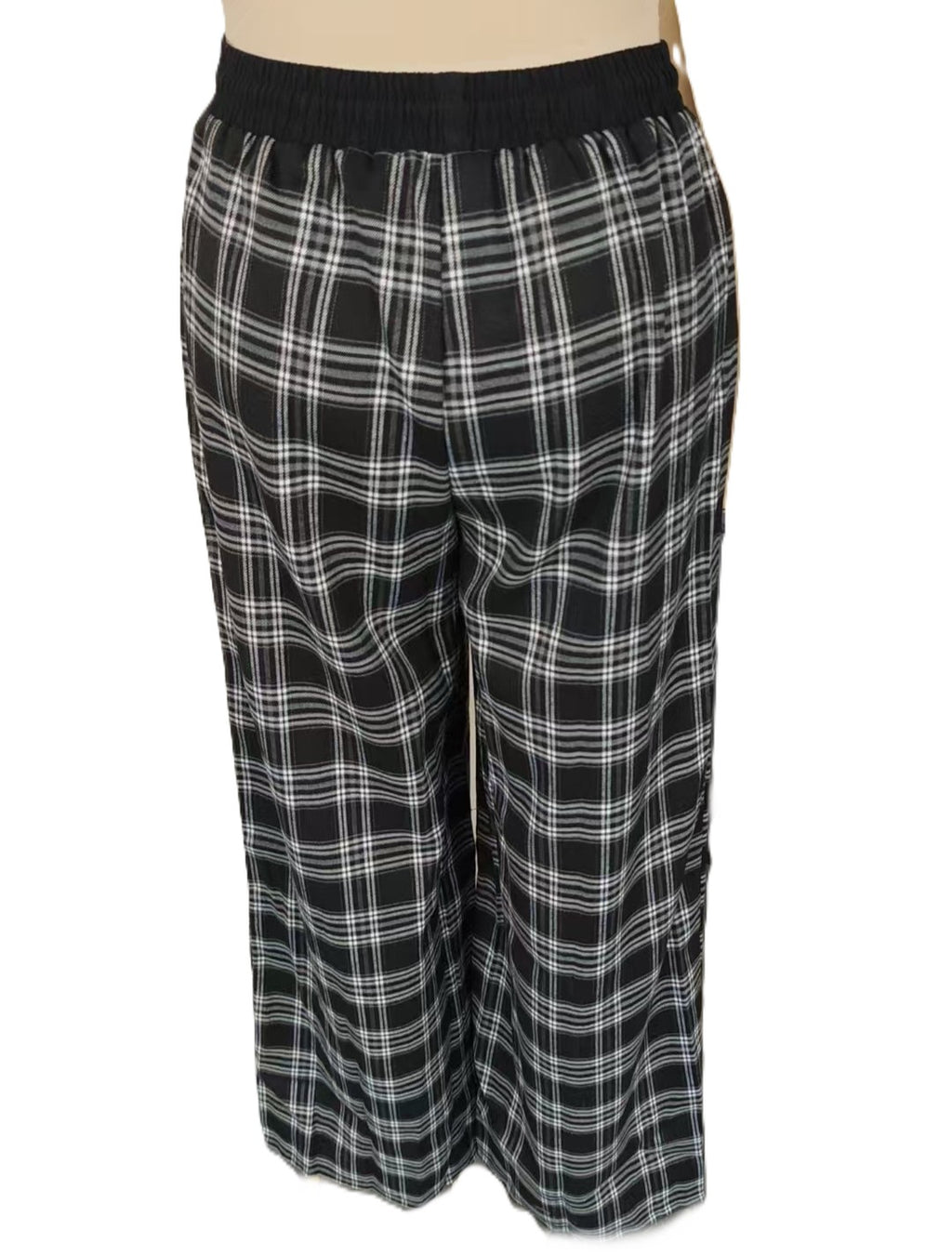 Plaid Wide Leg Drawstring Lounge Pants - Black - 2