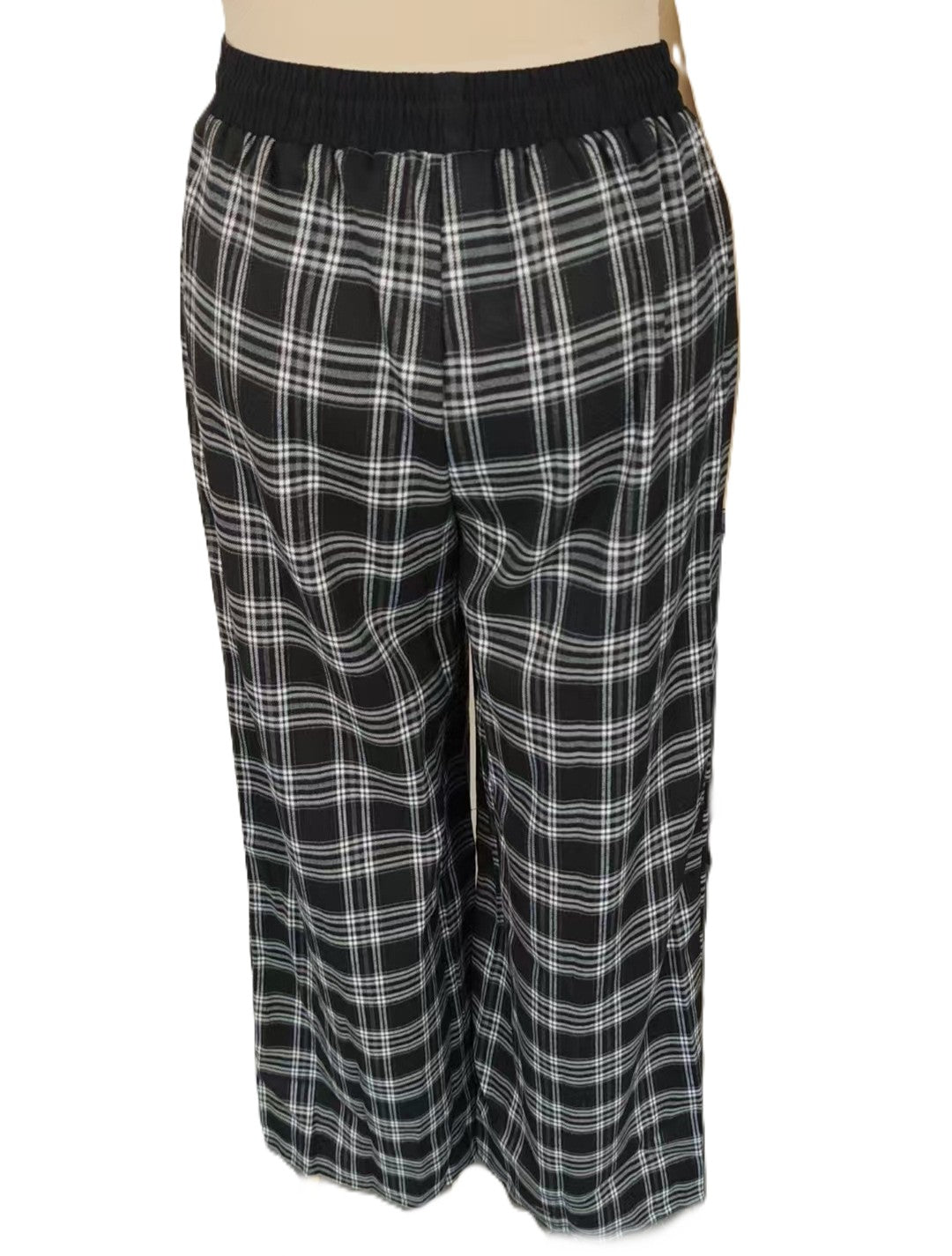 Plaid Wide Leg Drawstring Lounge Pants - Black - 2