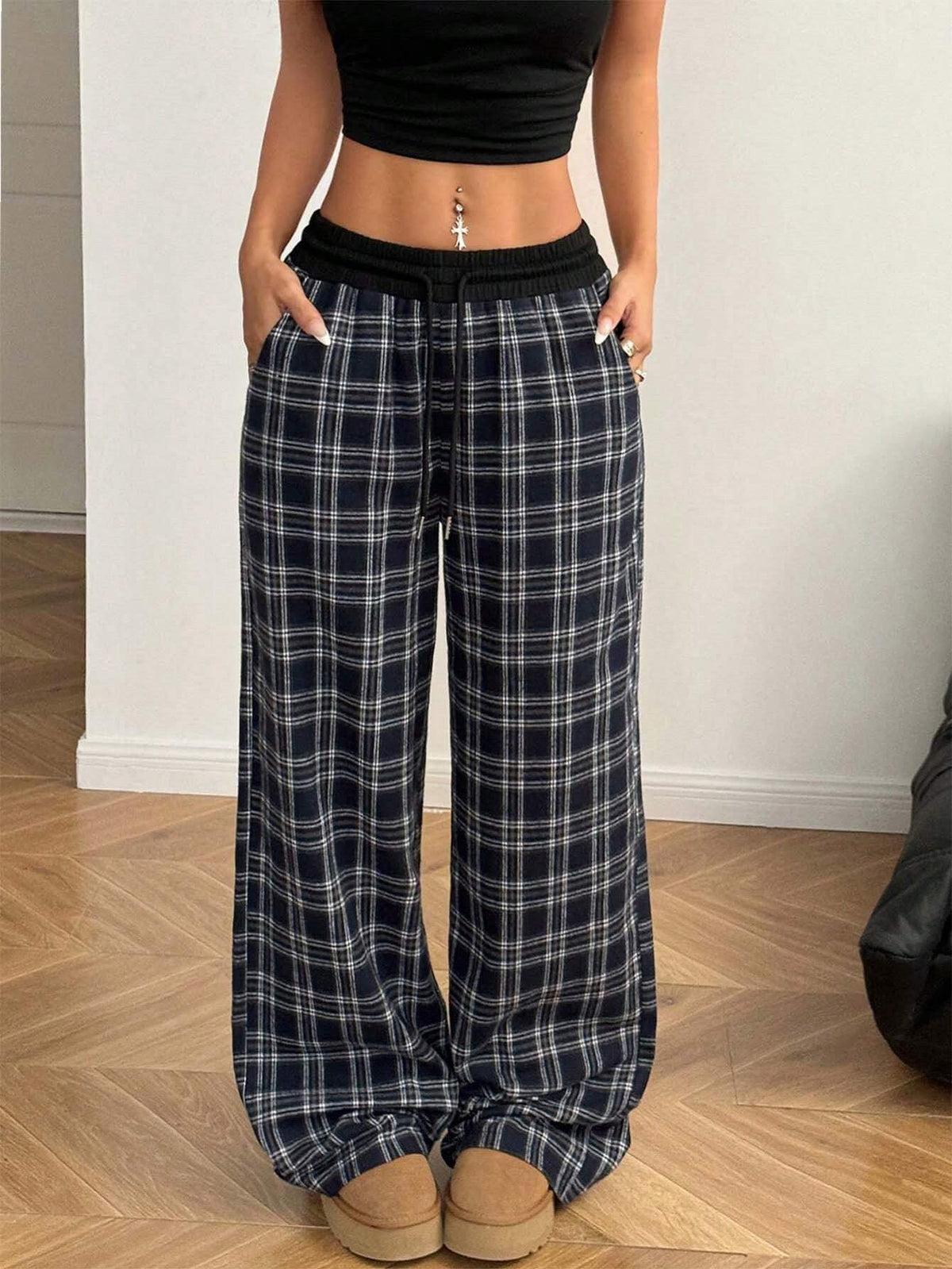 Plaid Wide Leg Drawstring Lounge Pants - Navyblue