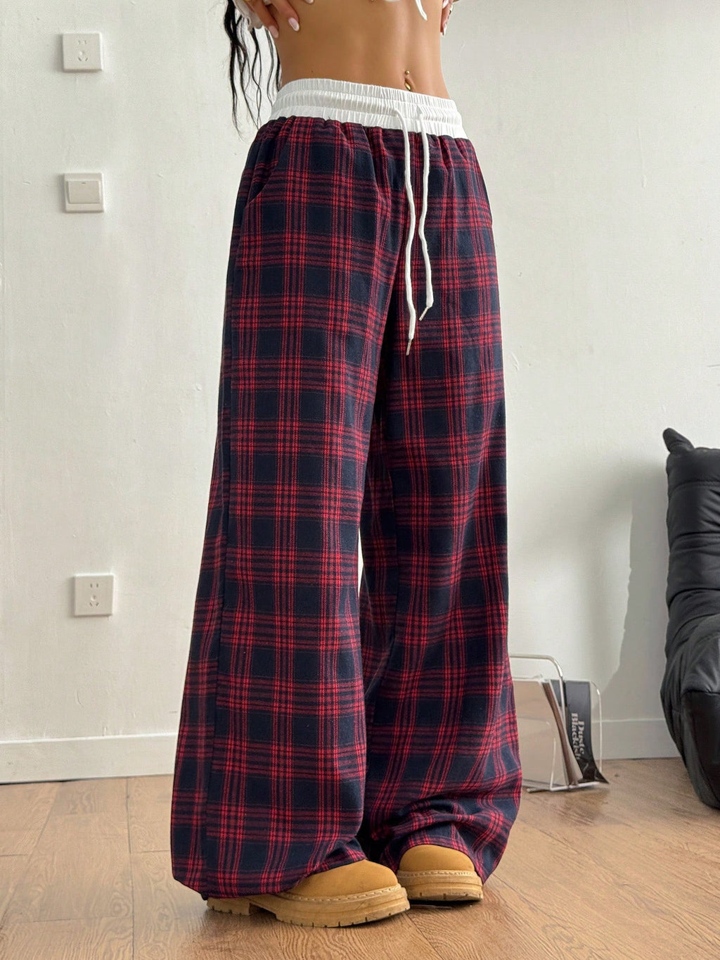 Plaid Wide Leg Drawstring Lounge Pants - Red